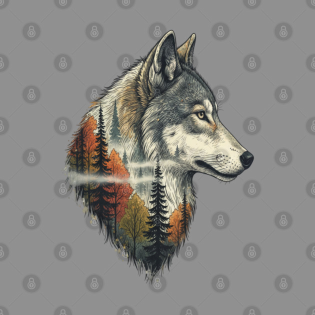 Wolf Double Exposure Autumn Forest Art by BirdsnStuff
