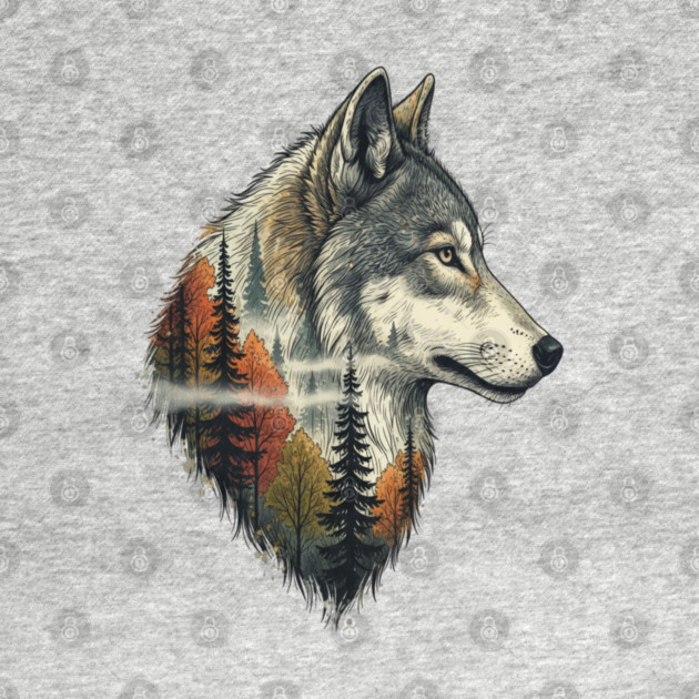 Wolf Double Exposure Autumn Forest Art by BirdsnStuff