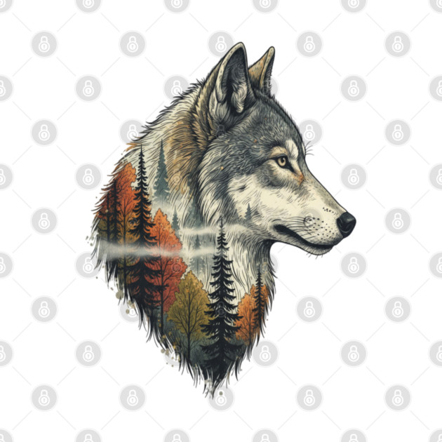 Wolf Double Exposure Autumn Forest Art by BirdsnStuff