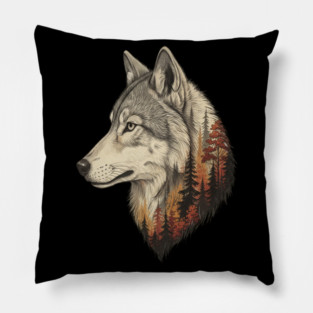 Wolf Double Exposure Autumn Forest Art Pillow