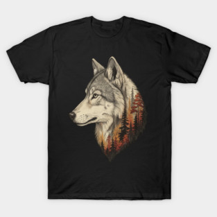 Wolf Double Exposure Autumn Forest Art T-Shirt