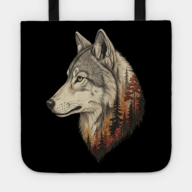 Wolf Double Exposure Autumn Forest Art Tote by BirdsnStuff
