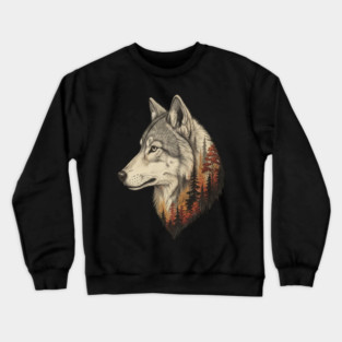 Wolf Double Exposure Autumn Forest Art Crewneck Sweatshirt