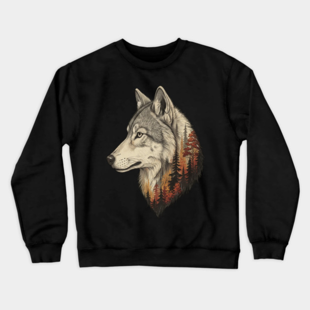 Wolf Double Exposure Autumn Forest Art Crewneck Sweatshirt by BirdsnStuff