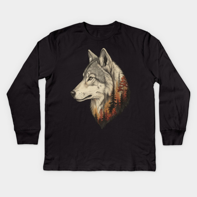 Wolf Double Exposure Autumn Forest Art Kids Long Sleeve T-Shirt by BirdsnStuff