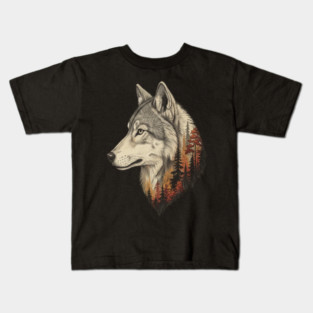 Wolf Double Exposure Autumn Forest Art Kids T-Shirt