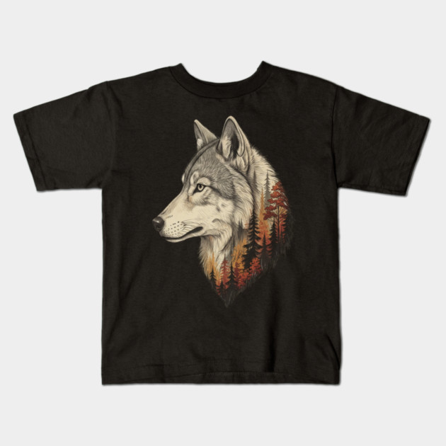 Wolf Double Exposure Autumn Forest Art Kids T-Shirt by BirdsnStuff
