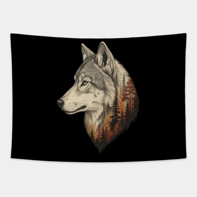 Wolf Double Exposure Autumn Forest Art Tapestry by BirdsnStuff