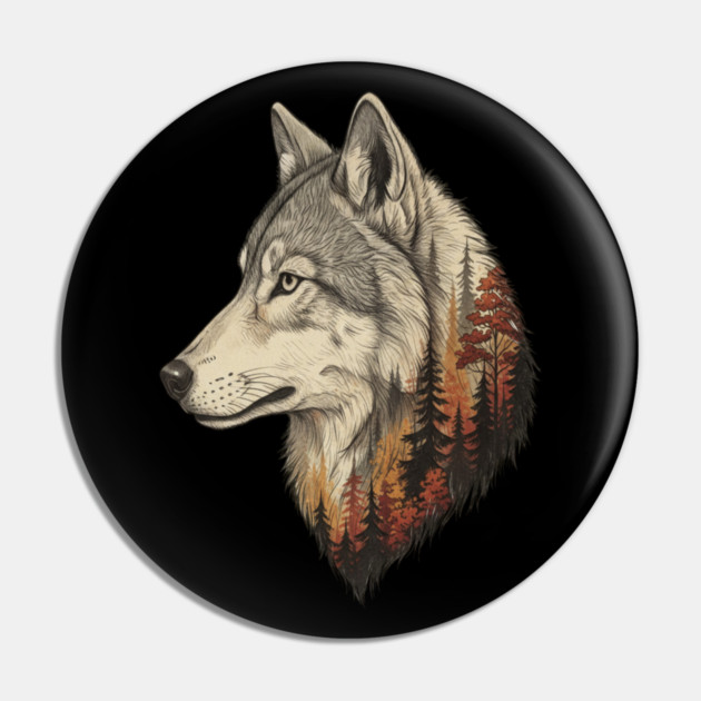 Wolf Double Exposure Autumn Forest Art Pin by BirdsnStuff