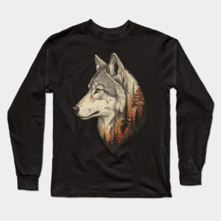 Wolf Double Exposure Autumn Forest Art Long Sleeve T-Shirt