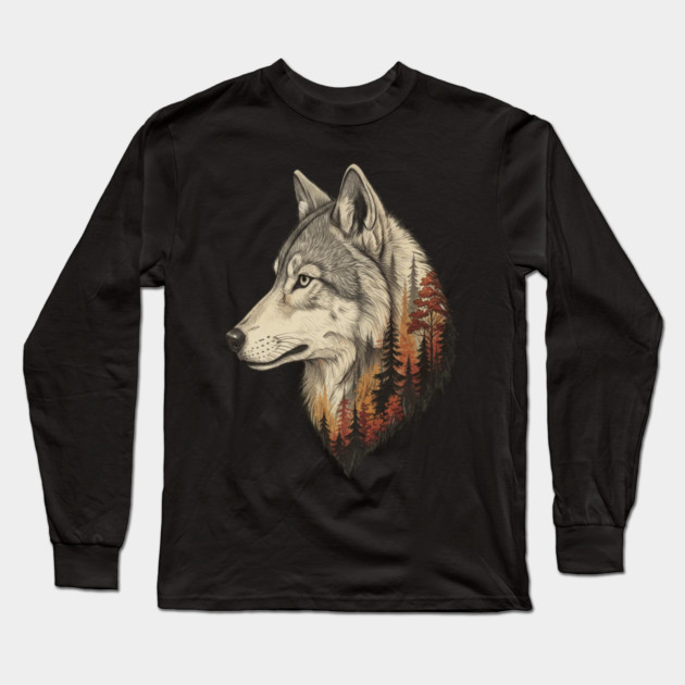 Wolf Double Exposure Autumn Forest Art Long Sleeve T-Shirt by BirdsnStuff
