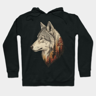 Wolf Double Exposure Autumn Forest Art Hoodie