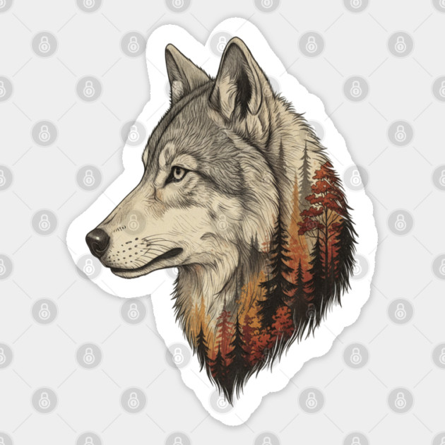 Wolf Double Exposure Autumn Forest Art Sticker by BirdsnStuff