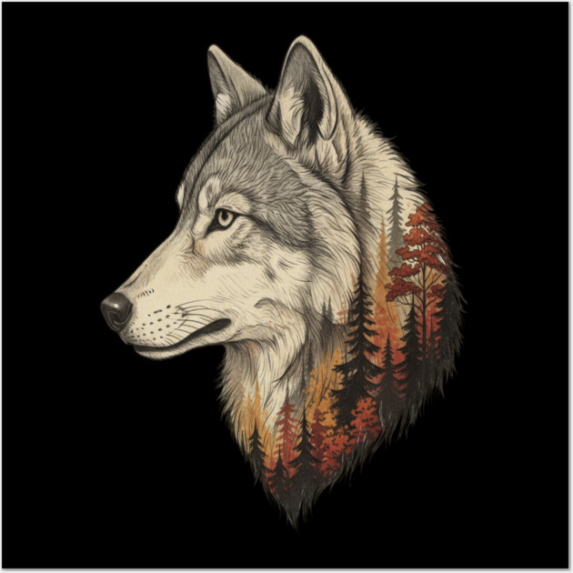 Wolf Double Exposure Autumn Forest Art Wall Art by BirdsnStuff