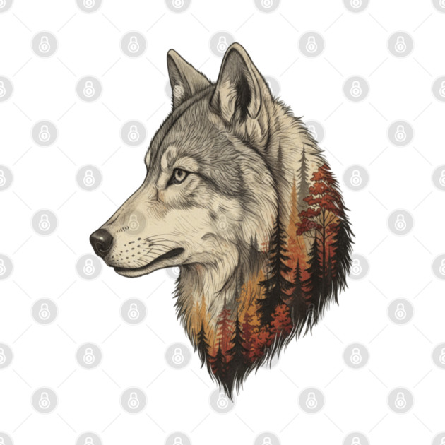 Wolf Double Exposure Autumn Forest Art by BirdsnStuff