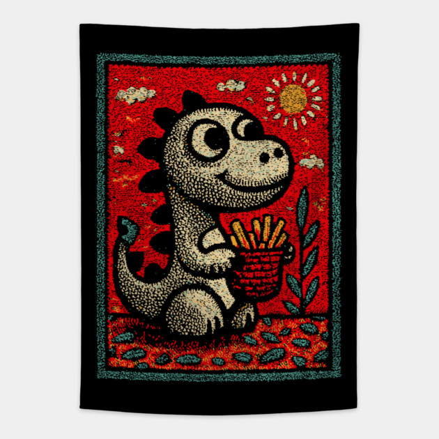Dinosaur Snack Time | The French Fry Fanatic Tapestry by TuncGK