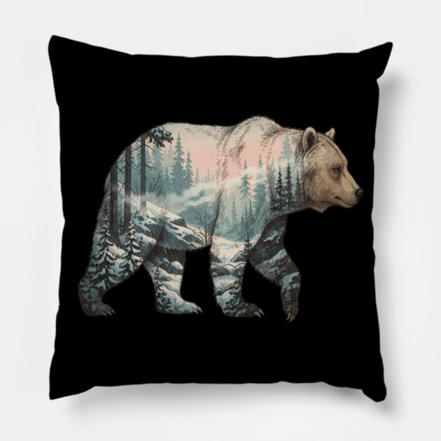 Grizzly Bear Double Exposure Snowy Winter Landscape Pillow by BirdsnStuff