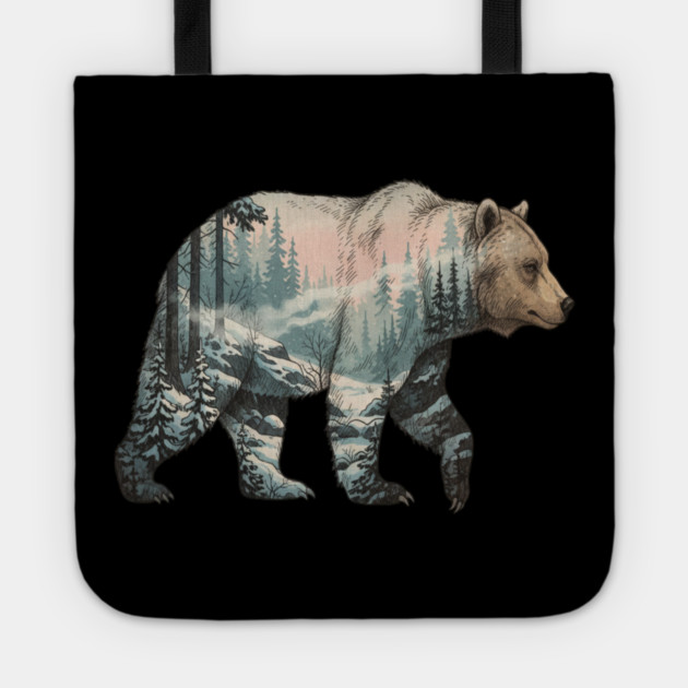 Grizzly Bear Double Exposure Snowy Winter Landscape Tote by BirdsnStuff