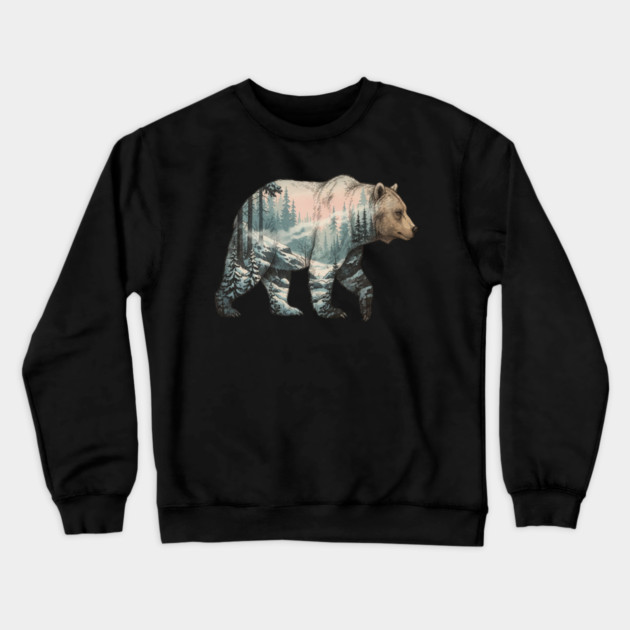 Grizzly Bear Double Exposure Snowy Winter Landscape Crewneck Sweatshirt by BirdsnStuff