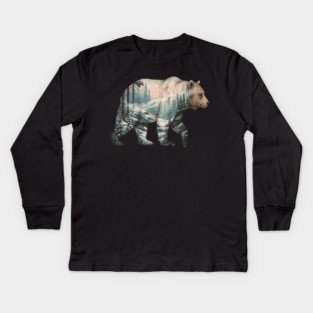 Grizzly Bear Double Exposure Snowy Winter Landscape Kids Long Sleeve T-Shirt