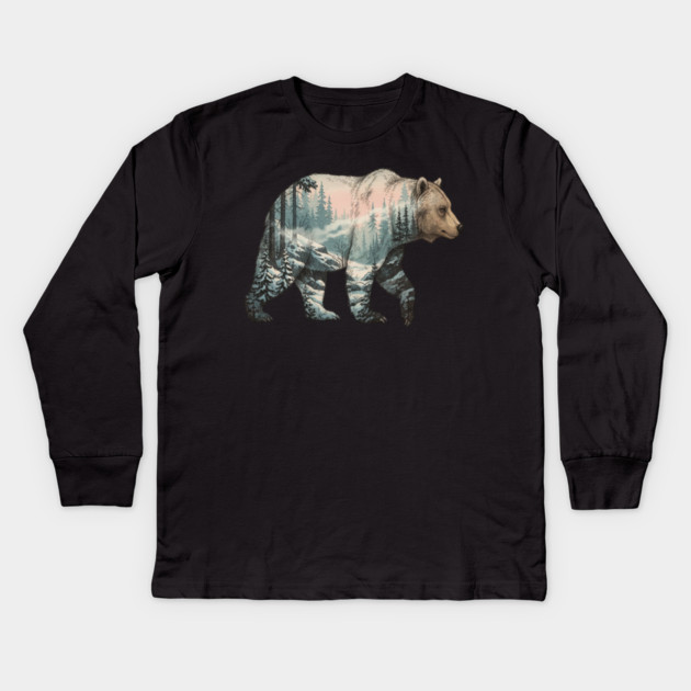 Grizzly Bear Double Exposure Snowy Winter Landscape Kids Long Sleeve T-Shirt by BirdsnStuff