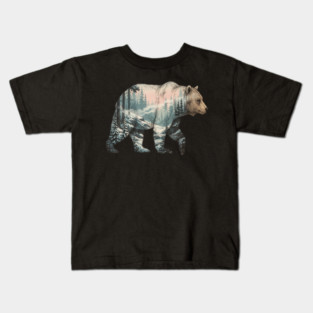 Grizzly Bear Double Exposure Snowy Winter Landscape Kids T-Shirt