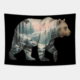Grizzly Bear Double Exposure Snowy Winter Landscape Tapestry