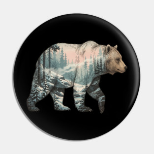 Grizzly Bear Double Exposure Snowy Winter Landscape Pin