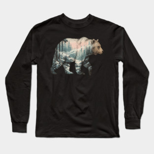 Grizzly Bear Double Exposure Snowy Winter Landscape Long Sleeve T-Shirt
