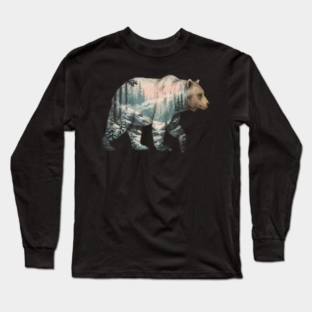 Grizzly Bear Double Exposure Snowy Winter Landscape Long Sleeve T-Shirt by BirdsnStuff