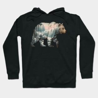 Grizzly Bear Double Exposure Snowy Winter Landscape Hoodie