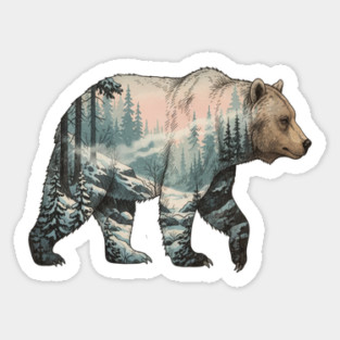 Grizzly Bear Double Exposure Snowy Winter Landscape Sticker