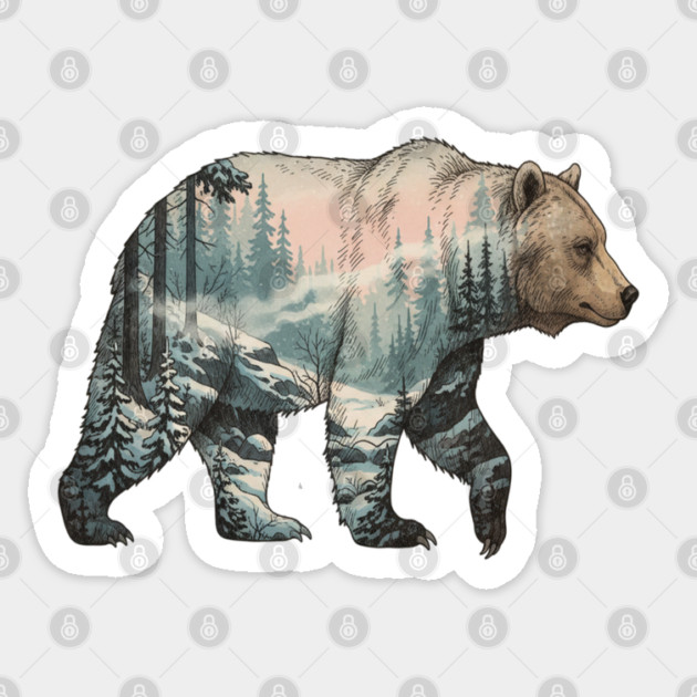 Grizzly Bear Double Exposure Snowy Winter Landscape Sticker by BirdsnStuff