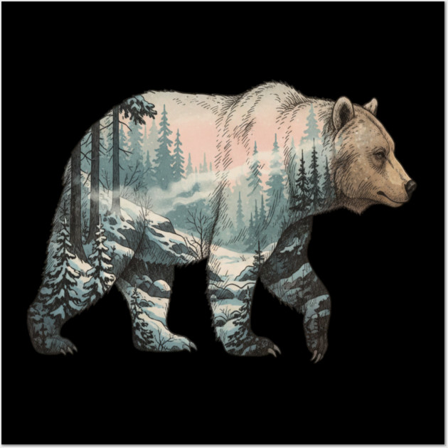 Grizzly Bear Double Exposure Snowy Winter Landscape Wall Art by BirdsnStuff