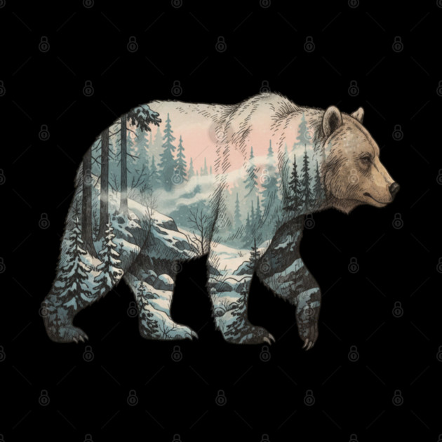 Grizzly Bear Double Exposure Snowy Winter Landscape by BirdsnStuff