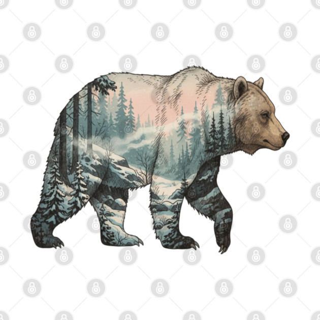 Grizzly Bear Double Exposure Snowy Winter Landscape by BirdsnStuff