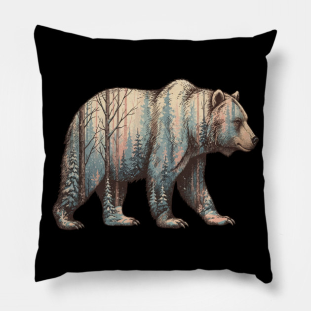 Grizzly Bear Double Exposure Winter Forest Woods Graphic Pillow by BirdsnStuff