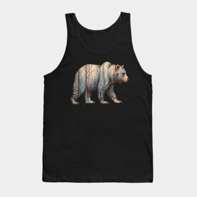 Grizzly Bear Double Exposure Winter Forest Woods Graphic Tank Top by BirdsnStuff