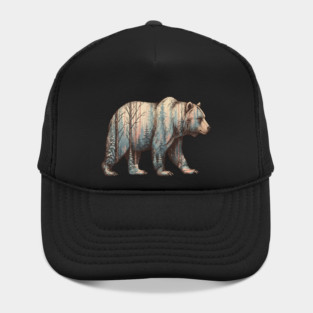 Grizzly Bear Double Exposure Winter Forest Woods Graphic Hat