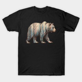 Grizzly Bear Double Exposure Winter Forest Woods Graphic T-Shirt