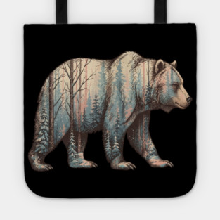 Grizzly Bear Double Exposure Winter Forest Woods Graphic Tote