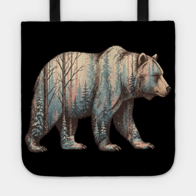 Grizzly Bear Double Exposure Winter Forest Woods Graphic Tote by BirdsnStuff
