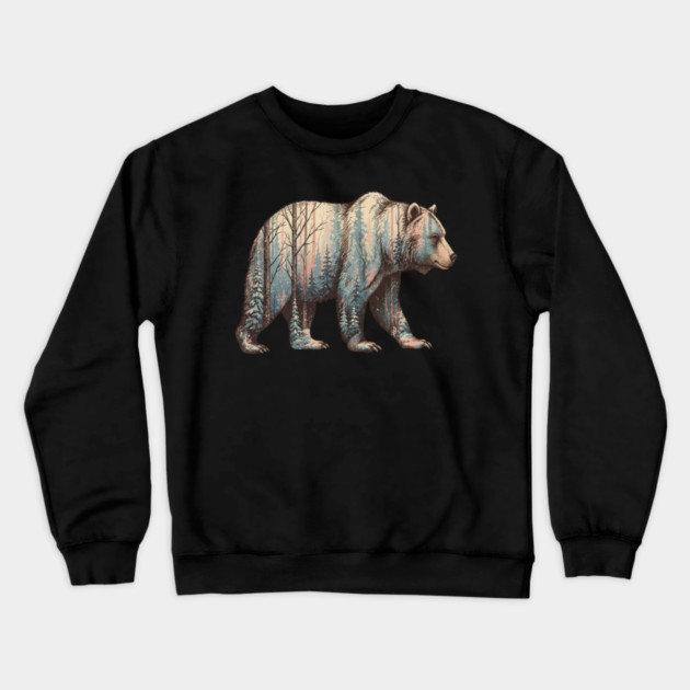 Grizzly Bear Double Exposure Winter Forest Woods Graphic Crewneck Sweatshirt by BirdsnStuff