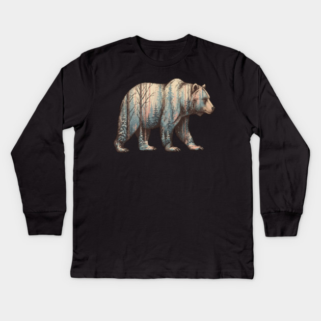 Grizzly Bear Double Exposure Winter Forest Woods Graphic Kids Long Sleeve T-Shirt by BirdsnStuff