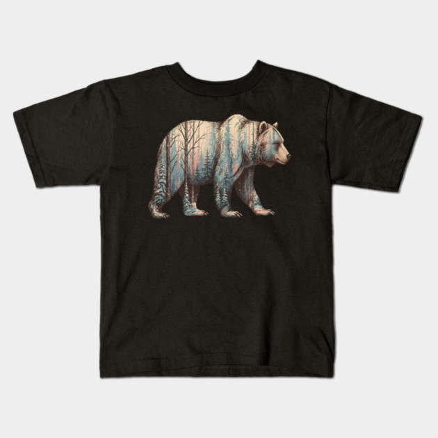 Grizzly Bear Double Exposure Winter Forest Woods Graphic Kids T-Shirt by BirdsnStuff
