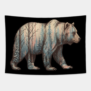 Grizzly Bear Double Exposure Winter Forest Woods Graphic Tapestry