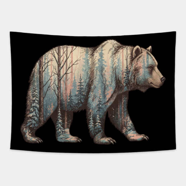 Grizzly Bear Double Exposure Winter Forest Woods Graphic Tapestry by BirdsnStuff