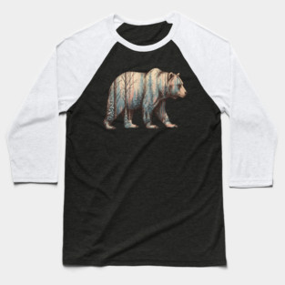 Grizzly Bear Double Exposure Winter Forest Woods Graphic Baseball T-Shirt