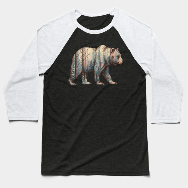Grizzly Bear Double Exposure Winter Forest Woods Graphic Baseball T-Shirt by BirdsnStuff