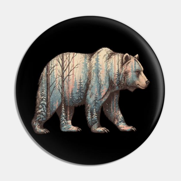 Grizzly Bear Double Exposure Winter Forest Woods Graphic Pin by BirdsnStuff